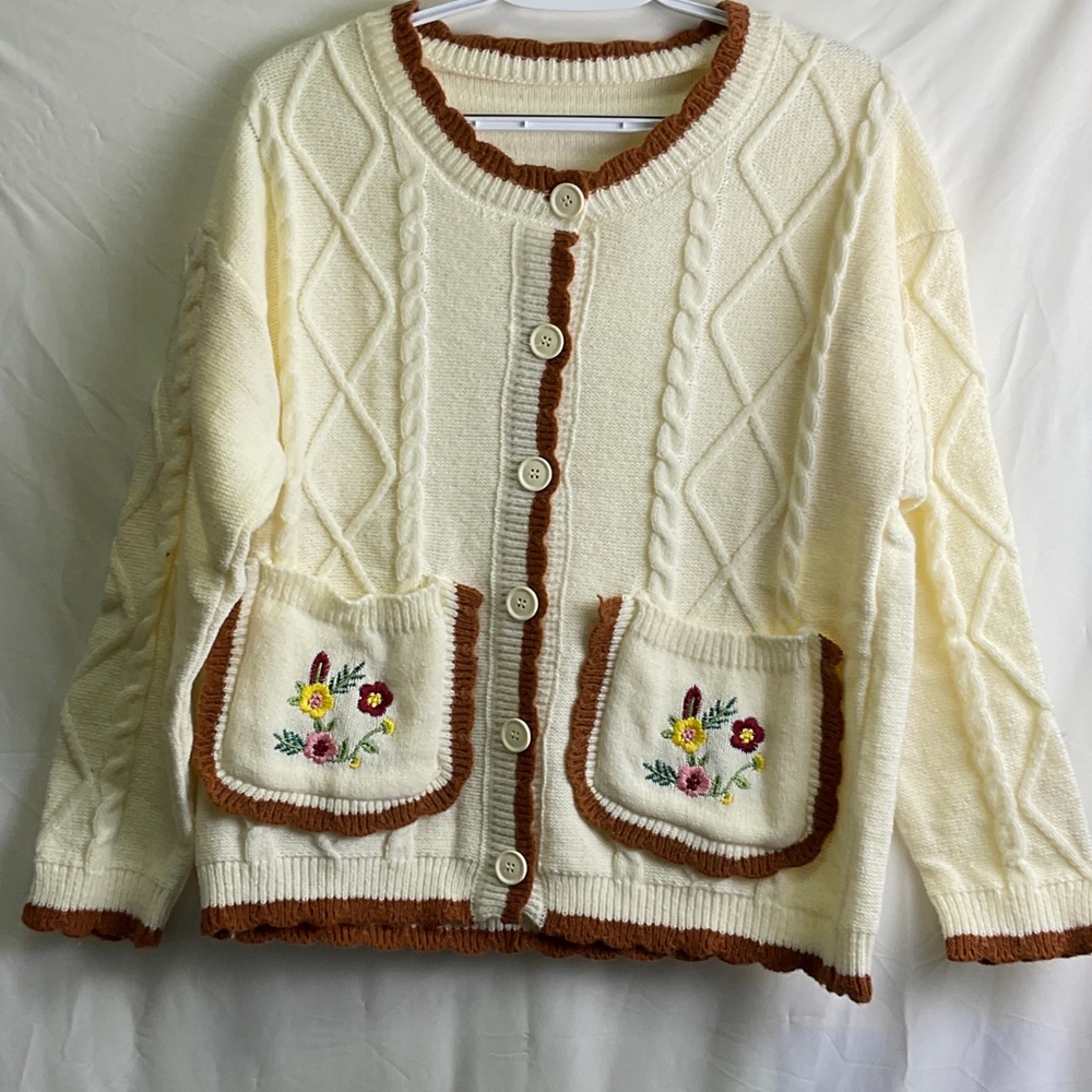 Chic Cream and Brown Cardigan with Floral Details